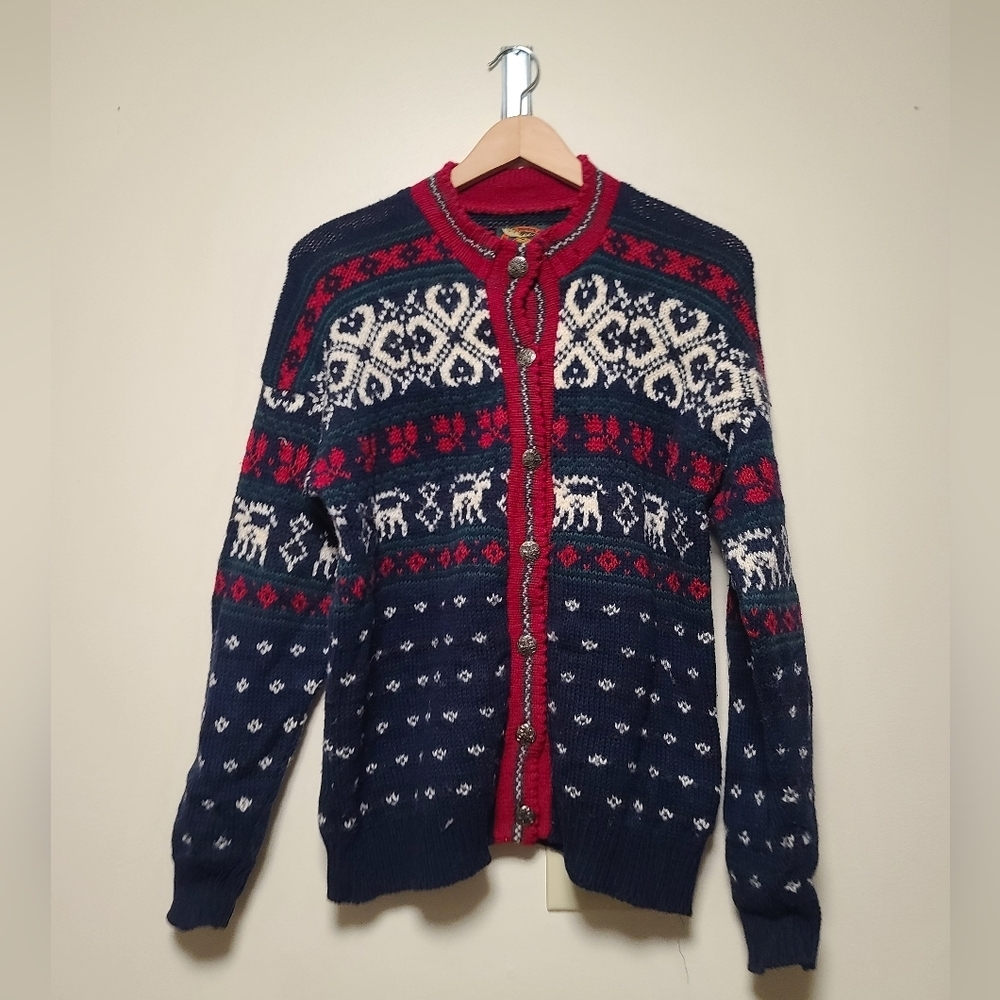 Alps USA Wool Cardigan | Nordic Fair Isle Reindeer Sweater S/M